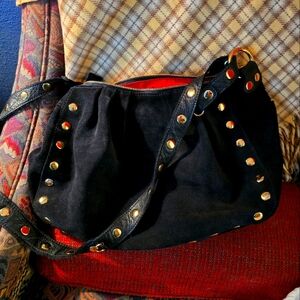 Hammitt Black Suede Bag With Gold Hardware And Adjustable Shoulder Strap.